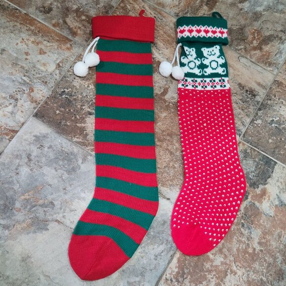 Knitted Christmas Stockings Teddy Bears Hearts Striped Pattern Set of 2 Large S - Picture 6 of 9
